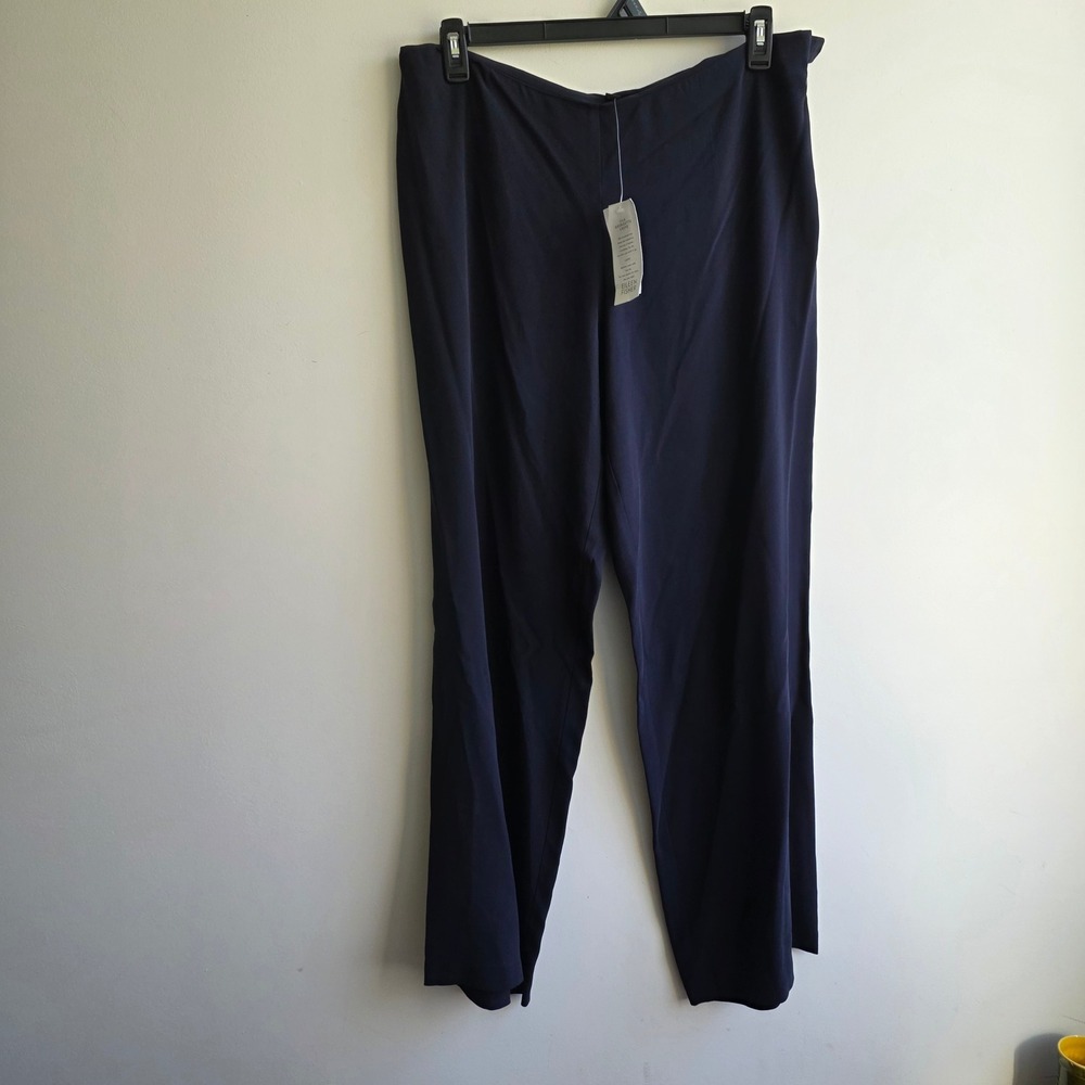 Eileen Fisher Navy Blue Silk Georgette Crepe Wide Leg Trousers Pants Large L